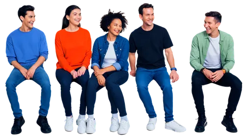 Diverse group, multiple people, different ages, races, genders, smiling faces, casual clothing, jeans, t-shirts, hoodies, sneakers, laptops, smartphones, cameras, notebooks, colorful backgrounds, warm