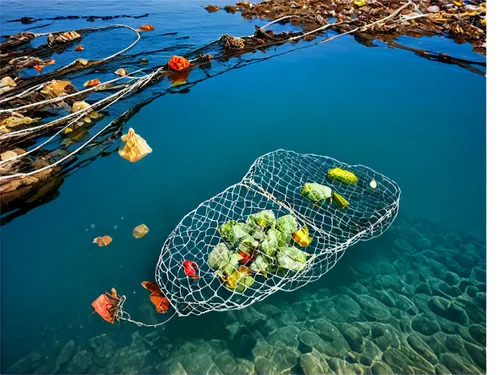 Ocean pollution scene, plastic waste, dead fish, oil spill, polluted seawater, broken coral reef, abandoned fishing net, trash floating on surface, sunny day, dramatic lighting, high contrast, 3/4 com