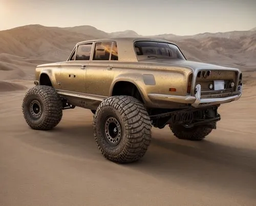 offroad vehicle, bronze body color, with chrome trim and bumpers in desert setting,dodge power wagon,jeep gladiator,jeep gladiator rubicon,dodge ram rumble bee,ford bronco ii,studebaker m series truck