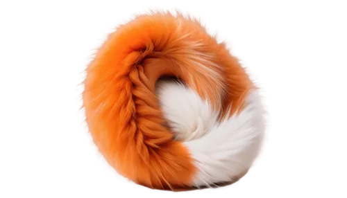 Fluffy fox tail, orange and white fur, soft texture, bushy shape, curled up, solo, close-up shot, shallow depth of field, warm lighting, cinematic composition, detailed fur strands, gentle pose, natur