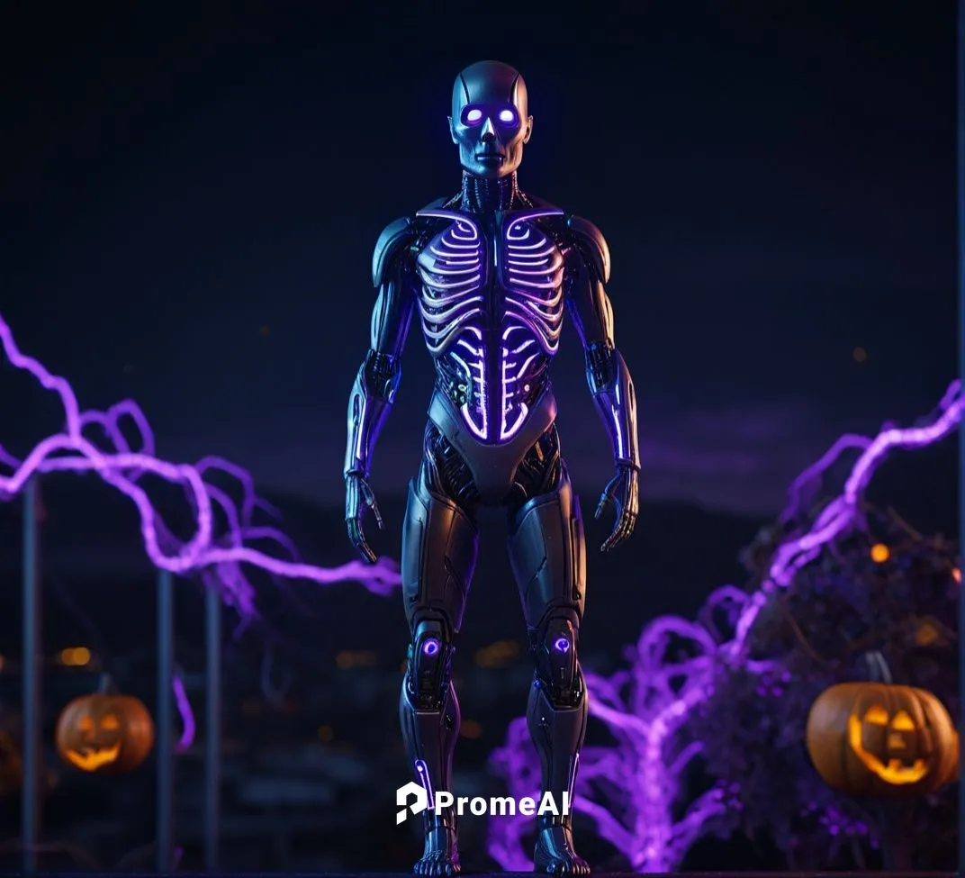 a unique scary Halloween figure, in the night sky taking over the night ,a skeleton that is standing on some pumpkins,electro,neon body painting,electrifying,tron,garrison,electronical,Photography,Gen