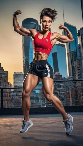 Muscular woman, fitness model, athletic build, toned arms, strong legs, six-pack abs, sporty pose, confident expression, short hair, bold eyebrows, minimal makeup, sports bra, fitted shorts, sneakers,