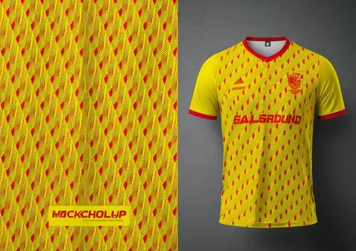 t shirt jersey team mockup yellow and red color halftone dotted design,a yellow jersey with a red accent on the left side,nordsjaelland,jagiellonia,red yellow,galatasary,liverpudlian,souness,Photograp