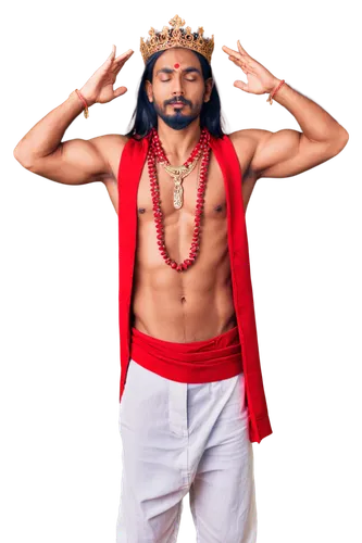 Hindu god, male, muscular, golden skin, long black hair, beard, mustache, third eye on forehead, multiple arms, ornate crown, necklace with red gemstone, white dhoti, bare chest, strong legs, standing