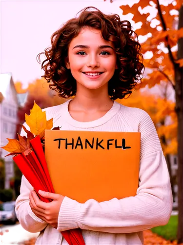 Grateful girl, warm smile, gentle eyes, curly brown hair, soft makeup, white sweater, holding a thankful sign, autumn leaves, cozy atmosphere, natural lighting, 3/4 composition, shallow depth of field