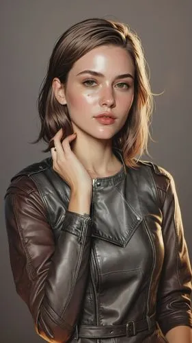 short hair, leather jacket,a woman with a leather jacket and celet,cassandra,leather jacket,portrait background,harkavy,marzia,melek,Illustration,Realistic Fantasy,Realistic Fantasy 25