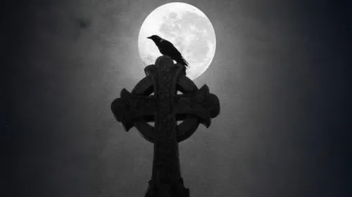 a bird on top of a cross against a full moon,moonsorrow,moonman,orthanc,hanging moon,mignola,mahashivratri