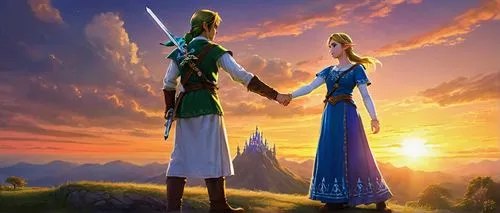 hyrule,eilonwy,fantasy picture,asheron,frigga,mystara,alfheim,zelda,link,qabalah,beleriand,romantic scene,lufia,loving couple sunrise,tuatha,malon,couple silhouette,fairy tale,everquest,thingol,Illustration,Abstract Fantasy,Abstract Fantasy 21