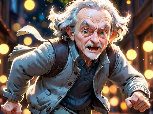 old man grey clothes,cartoon,running,sci fiction illustration,elderly man,albert einstein,cg artwork,game illustration,geppetto,einstein,elderly person,pensioner,world digital painting,old person,gran