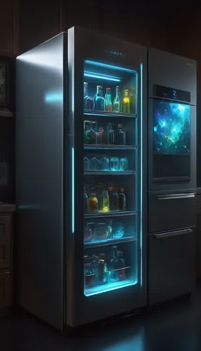 fridge,refrigerator,laboratory oven,icemaker,freezer,appliances,cabinets,microwave oven,cupboard,fridge lock,home appliances,pantry,wine cooler,dark cabinets,oven,kitchen cabinet,frozen food,dark cabinetry,sousvide,major appliance,Conceptual Art,Fantasy,Fantasy 11