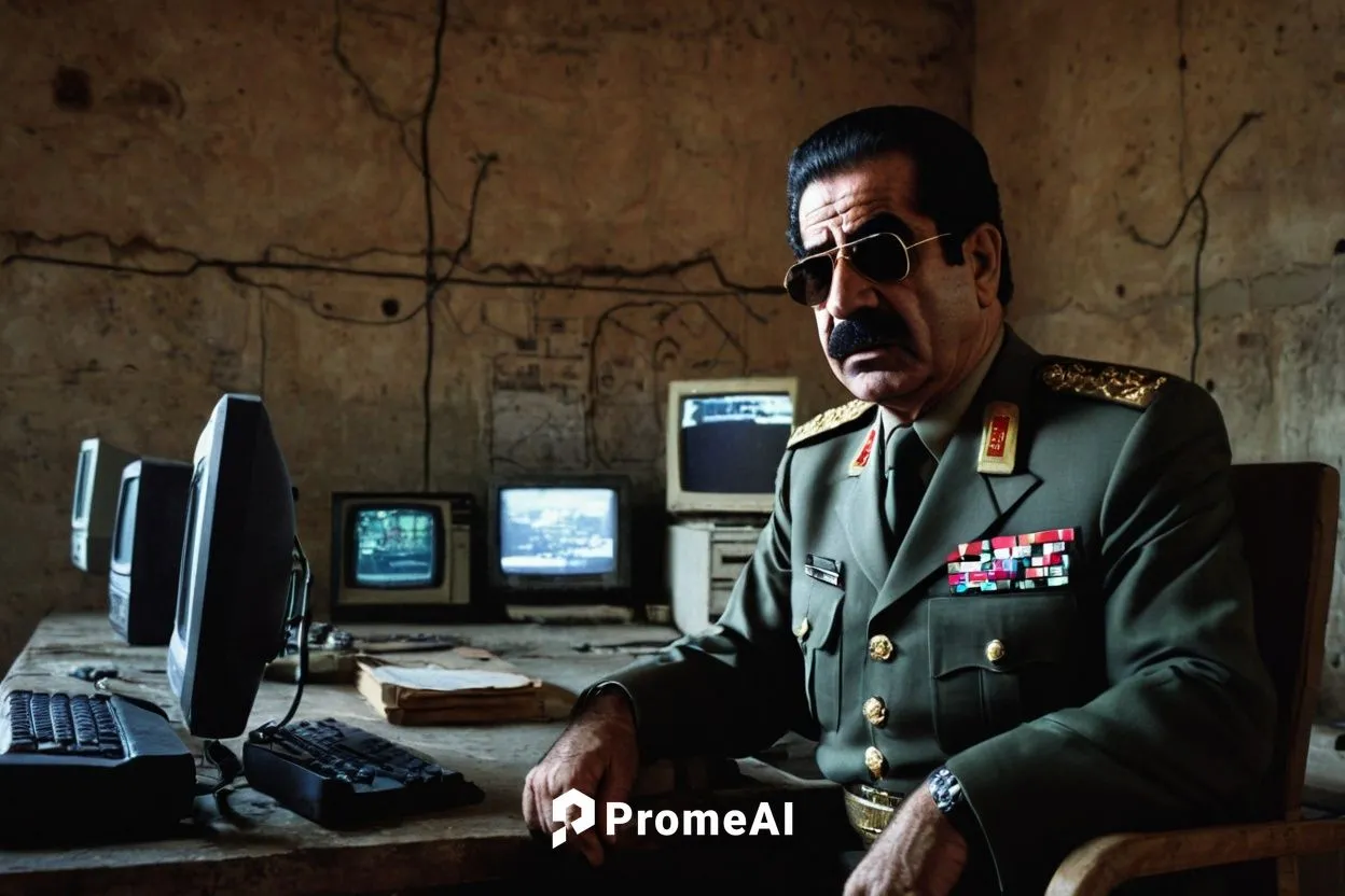 Saddam Hussein, Iraq president, military uniform, sunglasses, mustache, serious facial expression, underground bunker, concrete walls, dim lighting, old computers, wires, maps on the wall, wooden tabl