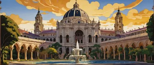 seville,sevilla,valencia,city fountain,barcelona,guadalajara,bcn,salamanca,cordoba,zaragoza,alcazar of seville,valladolid,saragossa,seregil,cathedral,gaudi,alhambra,szeged,eixample,sevillian,Illustration,American Style,American Style 09