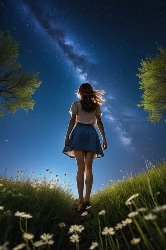 photo manipulation,starry sky,fantasy picture,girl lying on the grass,fireflies,girl in a long,starfield,3d background,girl with tree,photoshop manipulation,cosmogirl,falling star,children's background,stargazing,dreamer,creative background,stargazer,the night sky,wonder,night image,Photography,General,Realistic