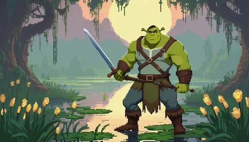 orc,swamp,half orc,warrior and orc,the wanderer,swampy landscape,forest man,frog man,frog king,frog prince,ogre,bayou,gardener,the ugly swamp,adventurer,frog background,lone warrior,druid grove,farmer in the woods,swordsman,Unique,Pixel,Pixel 01