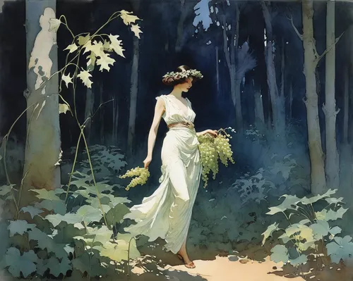 girl in a long dress,ballerina in the woods,girl with tree,in the forest,dryad,girl in the garden,forest walk,asher durand,vintage illustration,scent of jasmine,woodland,girl picking flowers,forest,mucha,han thom,faerie,lilly of the valley,rusalka,woman walking,study,Illustration,Paper based,Paper Based 23