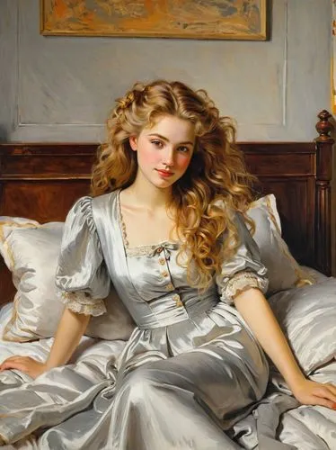 perugini,woman on bed,tissot,sargent,portrait of a girl,young woman,Art,Classical Oil Painting,Classical Oil Painting 42