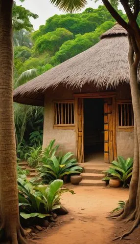 Ghanaian architecture, mud hut, thatched roof, earthy tones, wooden doors, intricate carvings, Adinkra patterns, colorful textiles, vibrant colors, African ornaments, lush greenery surroundings, tropi