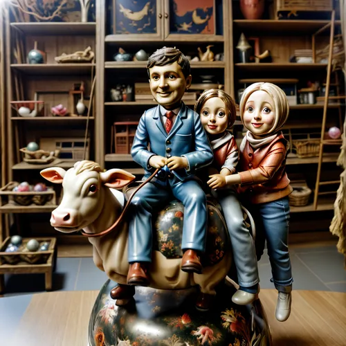 A plastic doll of A family riding a cow, Dada art, surrealism, 8k,wooden toys,wooden rocking horse,wooden figures,vintage toys,cuckoo clocks,vintage children,carousel horse,collectible doll,wooden dol