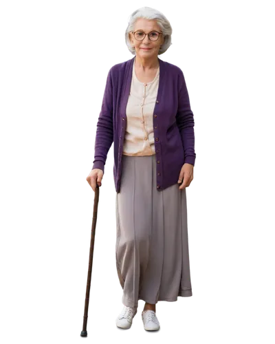 Elderly woman, wrinkles, silver hair, glasses, gentle smile, soft facial features, warm clothing, cardigan, long skirt, walking stick, standing, 3/4 composition, natural lighting, shallow depth of fie