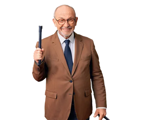 Odio image, old man, wise eyes, white beard, balding head, glasses perched on nose, warm smile, wrinkled skin, brown suit, white shirt, black tie, holding cane, standing, morning light, soft focus, ci