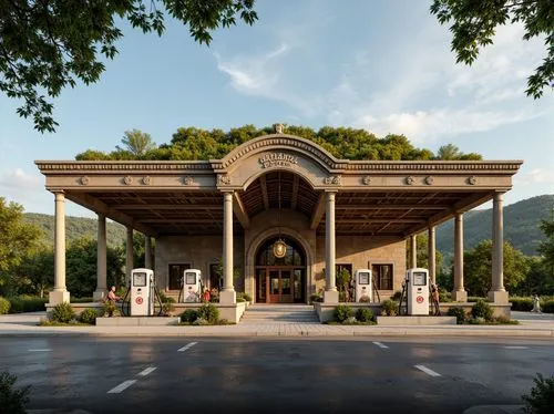 Rustic gas station, neoclassical columns, ornate stone carvings, symmetrical facade, grand entrance, sweeping arches, verdant green roofs, lush surrounding landscape, rolling hills, serene countryside