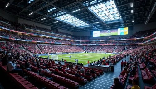 Stadium seating area, tiered rows, vibrant crowd, sports jerseys, giant screens, dynamic lighting, modern architecture, sleek lines, minimalist design, open concourses, food and beverage stalls, inter