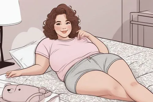 BBW, chubby, soft fluffy cheeks, sweet gentle smile, rosy blush, curly brown hair, minimal makeup, relaxed posture, lying down, stuffed belly, rounded waist, short sleeves, casual sweatpants, cozy bed