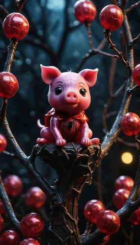 A striking cinematic shot of a Spider-Man-inspired pig perched precariously on a candy tree. The pig is dressed in a detailed, translucent, colorless suit, complete with web-like markings and a tiny m