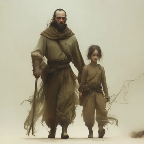 A man walking with his five year old Daughter
,an older man and child walking together in front of a foggy sky,monks,konietzko,dargaud,children of war,bearers,mamozai