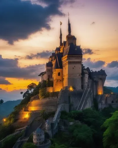 Generate beautiful castle on a hill surrounded in jungle and cloud in a dusk ambiance,fairytale castle,fairy tale castle sigmaringen,fairy tale castle,dracula castle,gold castle,medieval castle,bran c