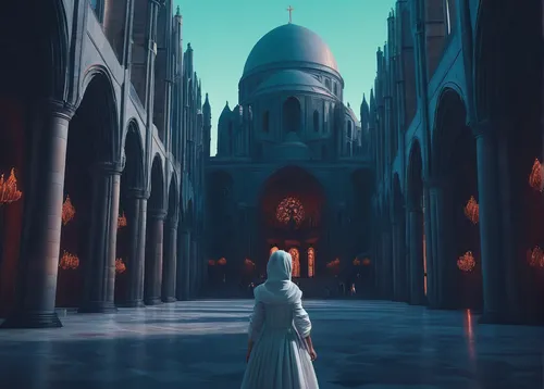 haunted cathedral,white temple,world digital painting,hall of the fallen,pilgrimage,fantasy picture,cathedral,sci fiction illustration,place of pilgrimage,notre dame,cg artwork,3d fantasy,merida,ancient city,fantasy city,holy places,threshold,sanctuary,labyrinth,the mystical path,Conceptual Art,Sci-Fi,Sci-Fi 11