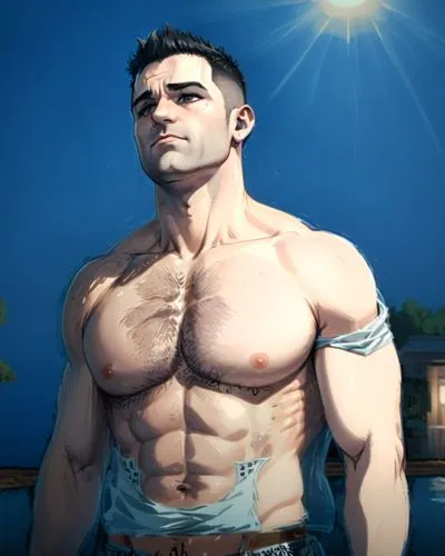 Mike situation, shirtless, fauxhawk hair,a man with  standing under the sun,pec,namor,bara,wightman,nudelman,male elf,Anime,Anime,General