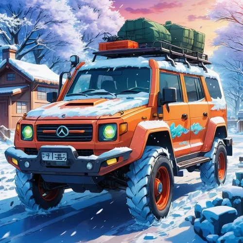 unimog,uaz,christmas truck,christmas car,winter service,mountain rescue,Illustration,Japanese style,Japanese Style 03