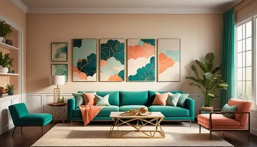 sitting room,living room,livingroom,apartment lounge,modern decor,sofa set,mahdavi,contemporary decor,interior decor,mid century modern,teal and orange,interior design,turquoise leather,wall decor,color turquoise,wall decoration,decor,furnishings,family room,interior decoration,Conceptual Art,Daily,Daily 08