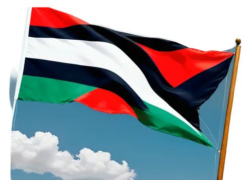 Palestinian flag, waving in wind, bright colors, horizontal composition, cloudy blue sky, dramatic lighting, shallow depth of field, vibrant tone, close-up shot, fabric texture, freedom concept.,uae,m