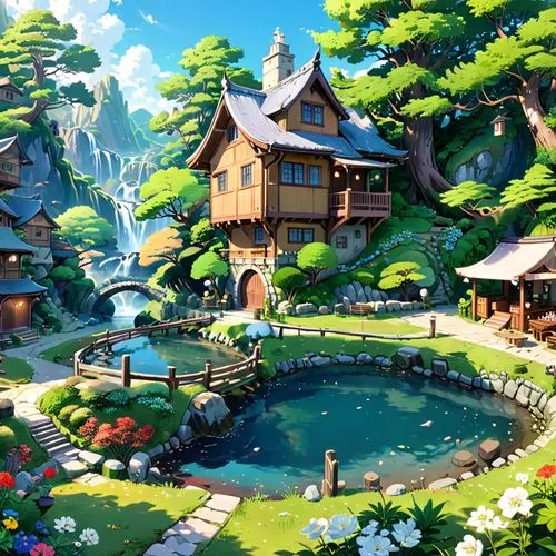 a painting with water surrounding and a building near by,studio ghibli,ghibli,fairy village,butka,idyllic,japan garden,Anime,Anime,Traditional