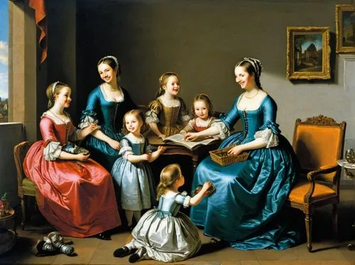 mother with children,mulberry family,parents with children,young women,partiture,the mother and children,bougereau,mother and children,mahogany family,flemish,parents and children,children girls,family group,ladies group,musical ensemble,violin family,candlemas,singers,franz winterhalter,children studying,Art,Classical Oil Painting,Classical Oil Painting 25