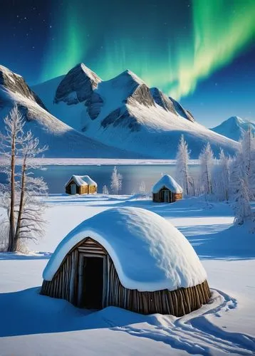 Igloo, Inuit village, snow-covered, icy landscape, frozen tundra, northern lights, aurora borealis, traditional Inuit dwelling, whalebone entrance, animal hide door, wooden frame, snow blocks, ice wal