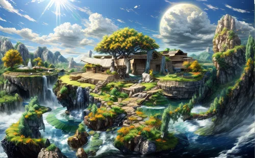 fantasy landscape,fantasy picture,an island far away landscape,3d fantasy,meteora,fairy world,fantasy world,fairy village,landscape background,fantasy art,flying island,floating islands,world digital painting,island of fyn,aurora village,floating island,dream world,high landscape,mushroom island,water castle