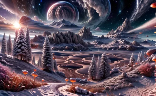 fantasy landscape,alien planet,ice planet,alien world,mushroom landscape,futuristic landscape,lunar landscape,space art,fantasy picture,terraforming,fantasy art,planet eart,exoplanet,christmas landscape,ice landscape,sci fiction illustration,planet alien sky,volcanic landscape,fractal environment,salt meadow landscape