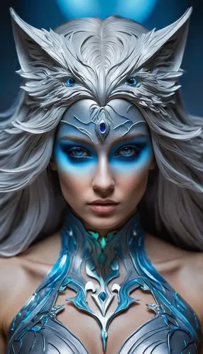 woman grey head  in a desert. Her eyes are filled with intense focus as she strolls with her loyal beauty of a white werewolf ,  capturing the world of reality and technology. This transformation is c