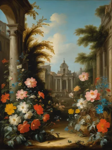 flower garden,splendor of flowers,floral decorations,floral composition,bach flowers,rococo,floral ornament,camellias,still life of spring,secret garden of venus,floral design,floral arrangement,floral border,neoclassical,gardens,rosarium,garden flowers,rosebushes,the garden society of gothenburg,potted flowers,Art,Classical Oil Painting,Classical Oil Painting 35