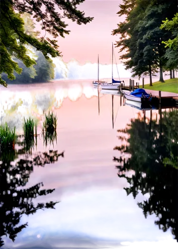 Serene lake, misty morning, calm water, reflections of surrounding trees, lush greenery, wooden dock, sailboat, gentle ripples, warm sunlight, soft focus, panoramic view, 3/4 composition, shallow dept