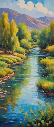 river landscape,flowing creek,brook landscape,jordan river,a river,mountain river,rio grande river,river cooter,freshwater marsh,aura river,salt meadow landscape,oil painting,oil painting on canvas,oil on canvas,painting technique,mountain stream,jordan river valley,desert landscape,landscape background,nature landscape,Illustration,Abstract Fantasy,Abstract Fantasy 07