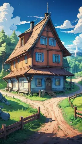 wooden house,log home,butka,half-timbered house,wooden houses,ghibli,Illustration,Japanese style,Japanese Style 03