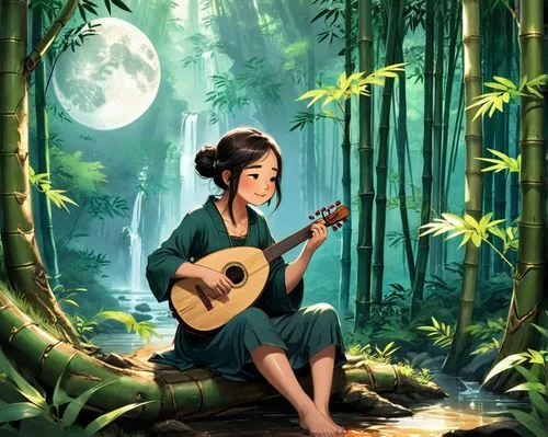 bamboo flute,woman playing,ukulele,mulan,serenade,musician,bamboo forest,world digital painting,bamboo,cavaquinho,girl with tree,rosa ' amber cover,hawaii bamboo,musical background,game illustration,guitar,playing the guitar,digital illustration,classical guitar,forest background,Unique,Design,Character Design