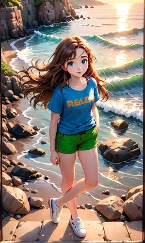 photography full body of a beautiful caucasian girl 23 years old, brown hair, blue eyes, wearing a blue t-shirt and a green shorts, brown shorts, stand up in the beach at sunset together to stone’s wa