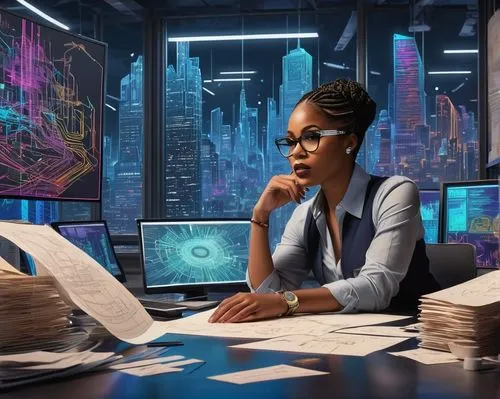 secretarial,secretariats,computerologist,sci fiction illustration,cybernet,secretary,librarian,girl at the computer,metahuman,cyberia,cybertown,cybertrader,afrofuturism,datamonitor,night administrator,teferi,mayhle,investigators,freema,omarosa,Illustration,Realistic Fantasy,Realistic Fantasy 21