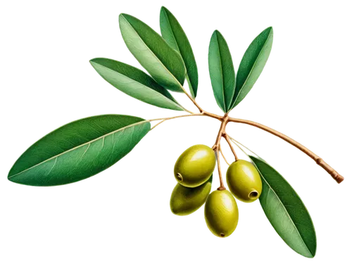 Olive clip art, green olive fruit, leafy stem, glossy surface, rounded shape, solo, center composition, soft focus, warm color tone, detailed texture, realistic, morning light, shallow depth of field.