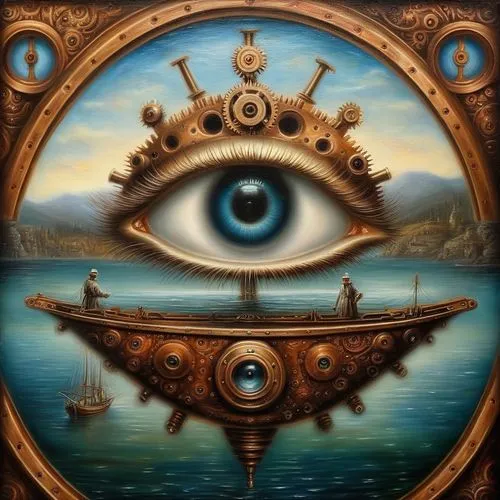 all seeing eye,third eye,mirror of souls,cosmic eye,esoteric,surrealism,ships wheel,clockwork,porthole,eye ball,clockmaker,freemasonry,ship's wheel,panopticon,sea fantasy,sextant,zodiac,the vessel,compass,esoteric symbol,Illustration,Realistic Fantasy,Realistic Fantasy 13